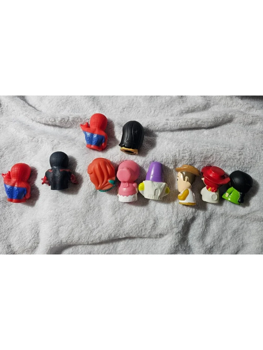 (10pc) Disney & Marvel Finger Plastic Puppets Black Spiderman Woody Ariel Buzz